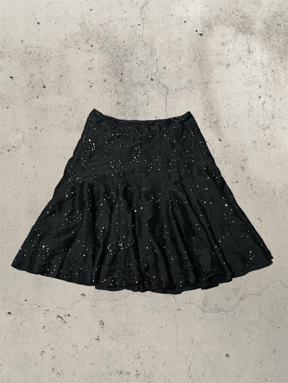 EYE Vintage Black Embroidered Sequin 100% Silk Midi Skirt
